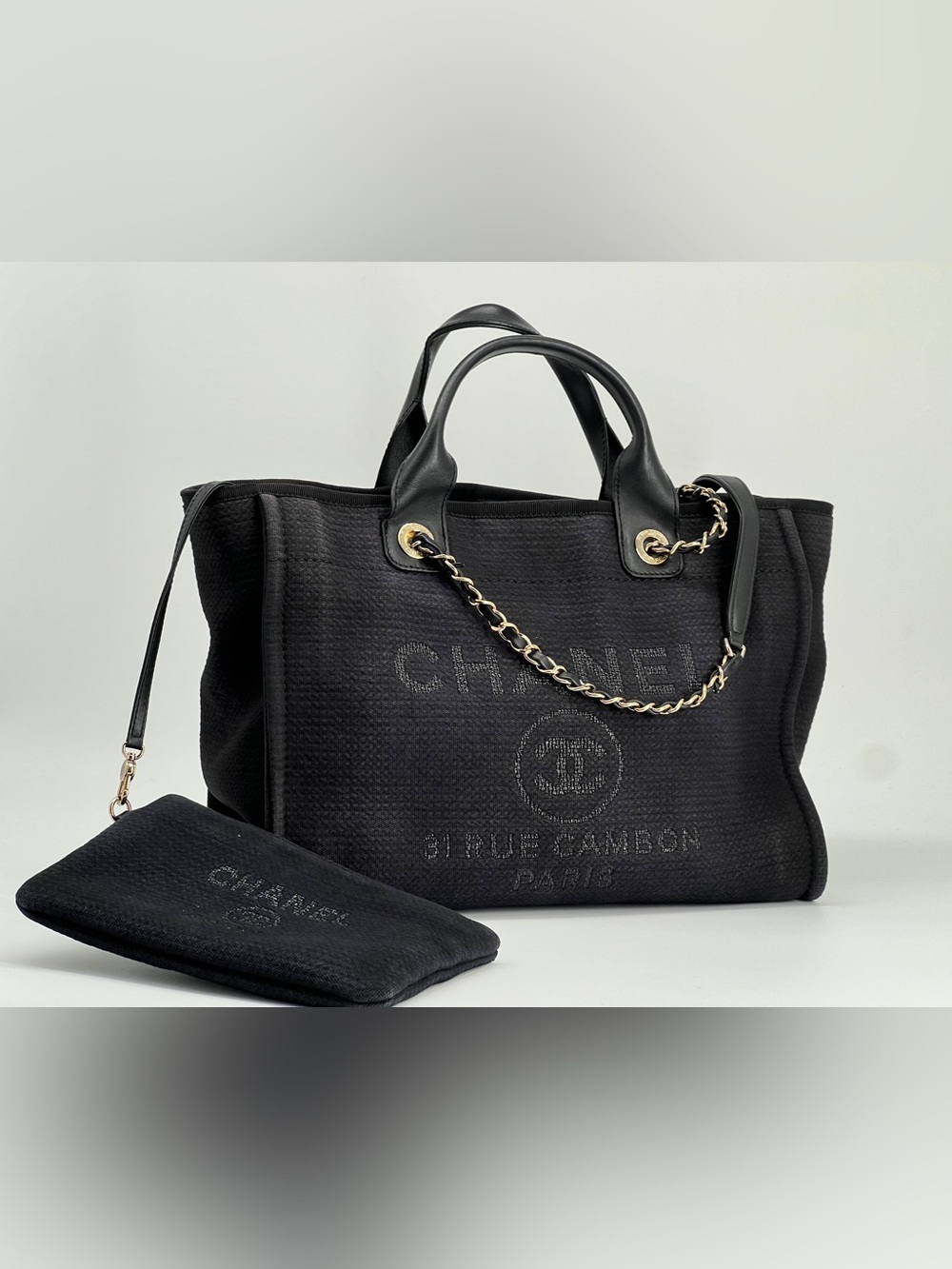 Chanel Deauville Tote Bag Small in Black Canvas Gold-Tone Hardware w/ Pouch NFC